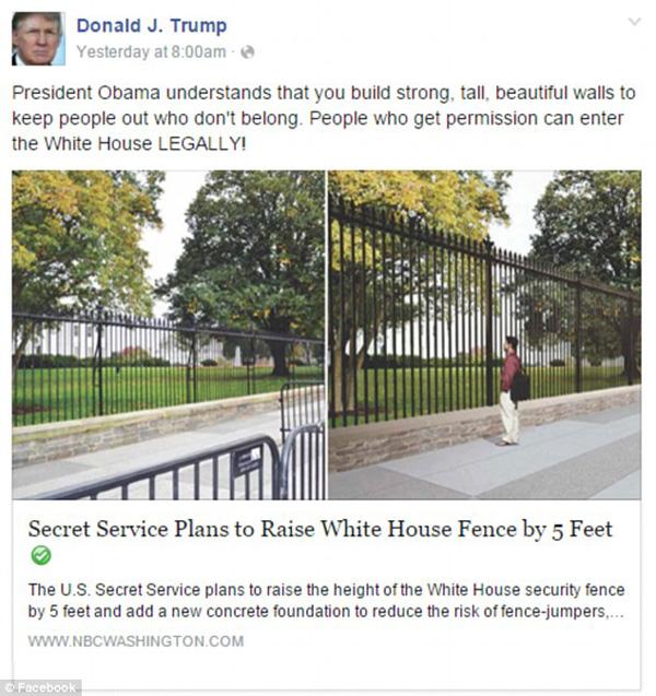 白宫欲增加围栏高度 特朗普嘲笑：跟我的墨西哥城墙一样