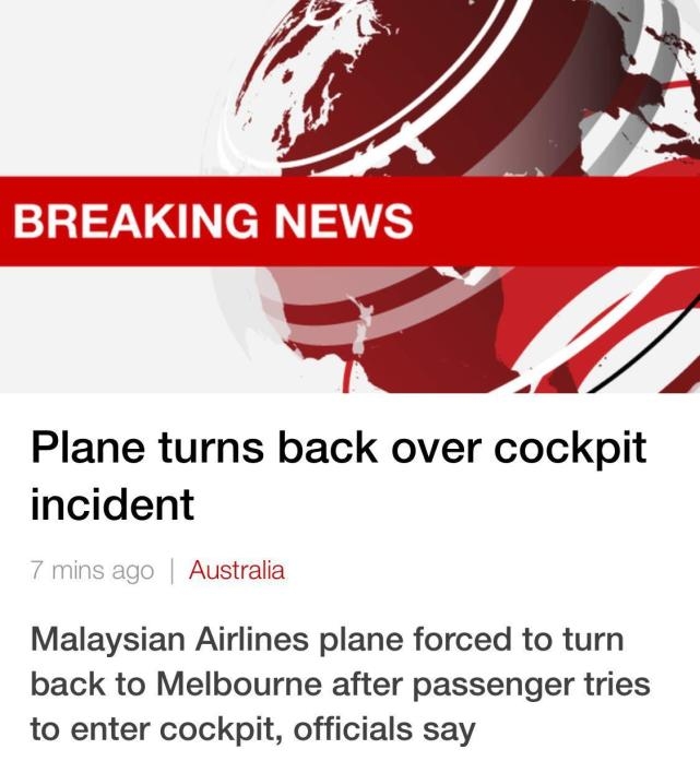 马航一客机因乘客闯入驾驶舱被迫返航澳大利亚