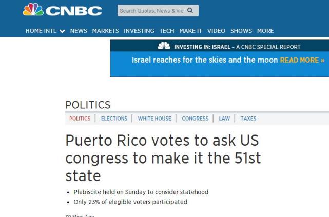 波多黎各公投赞成成为美国第51个州 美国会冷对